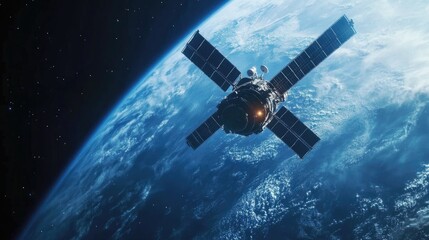 Naklejka premium Close-up of a satellite in space, transmitting signals to Earth.