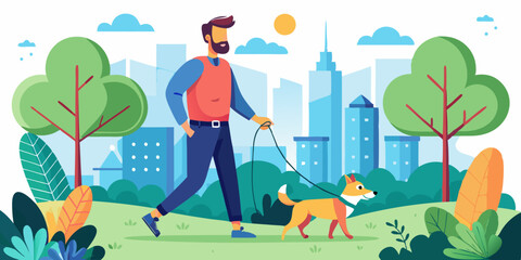 Happy man walks in the city park with his dog. Walking with a pet in nature. Outdoor activities with a four legged friend
