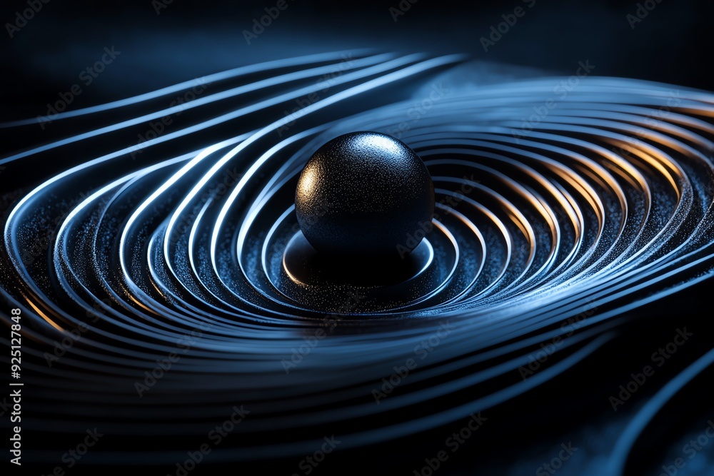 Poster Abstract metallic sphere resting on a swirling, rippling surface.  The metallic surface creates a dynamic composition with subtle highlights.