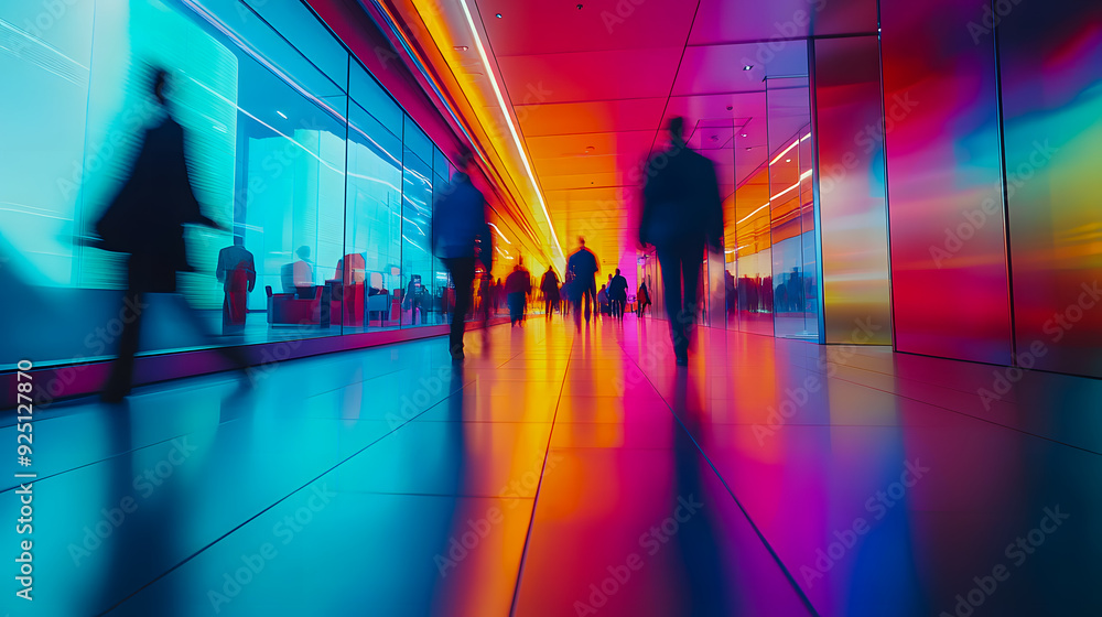 Poster striking abstract image of motion blur and vibrant color in a modern minimalist architectural corrid