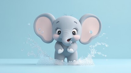 Obraz premium Cute Cartoon Elephant Splashing in Water on Blue Background.