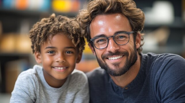 A beaming teacher and a smiling child share a moment of joy while engaged in a fun educational experience together - Powered by Adobe