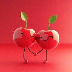 Cute Cartoon Cherries Holding Hands, Red Background,  Love, Friendship, Valentine's Day Illustration.