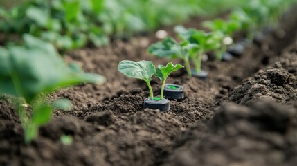 Close-up of sensors placed in the soil, monitoring moisture and nutrients.