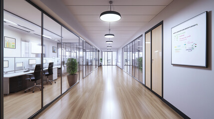 Fototapeta premium Modern office corridor with glass walls, a combination of white and wooden floors, and a wall-mounted board displaying detailed graphs, exemplifying a clean and minimalist design that emphasizes the s
