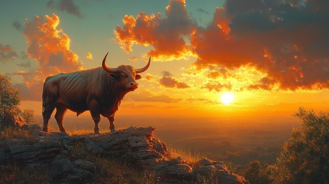 Majestic bull standing on cliff at sunset - generative ai
