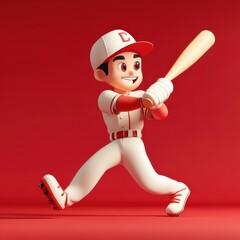3D Cartoon Baseball Player Swinging Bat on Red Background.