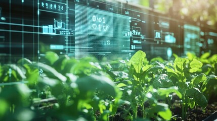 Digital display showing real-time crop yield predictions in a high-tech farm.