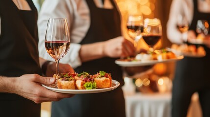 Elegant catering service with fine wine and gourmet food served on plates, creating a festive dining experience.
