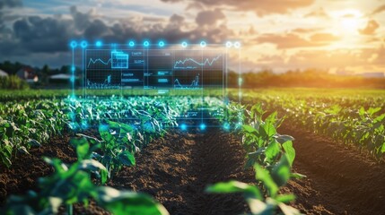 Digital display showing real-time crop yield predictions in a high-tech farm.
