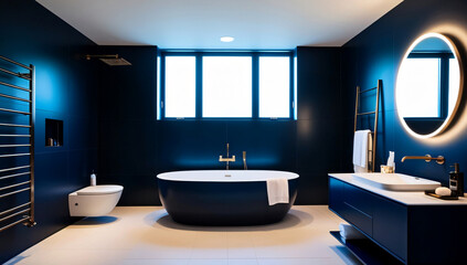 Dark blue bathroom model, Minimalist style