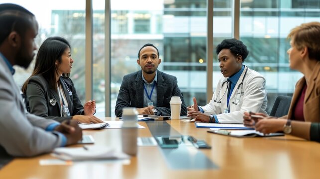 A collaborative meeting scene with diverse healthcare professionals discussing equitable medical access, with a focus on preventing past failures, set in a modern conference room