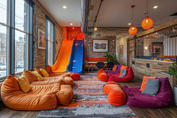 A vibrant co-working space featuring colorful slides, bean bags, modern lighting, and an eclectic mix of design elements for a creative work environment.