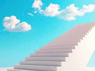 A modern staircase leads to a serene sky, symbolizing ascension and limitless possibilities in a tranquil environment.