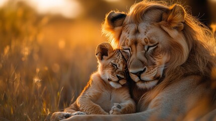 Obraz premium Lion and cub in warm sunset - generative ai
