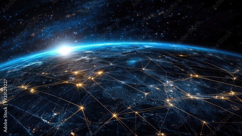 Poster digital representation of data packets moving through a global communication network.
