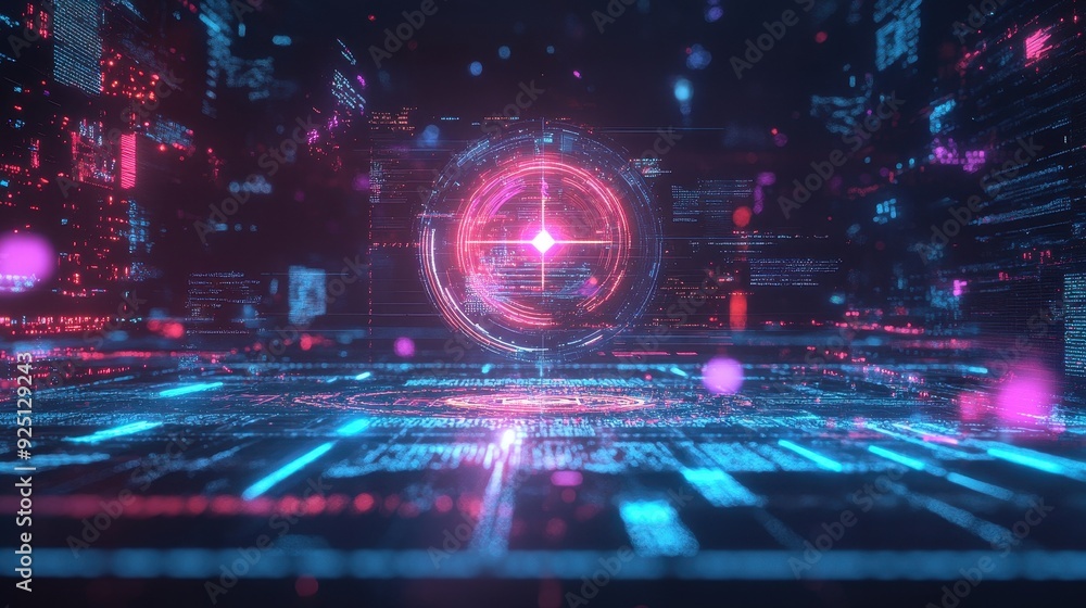 Poster abstract futuristic cyberspace background with glowing neon lights, digital interface, and data code