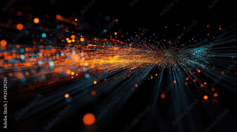 Poster digital representation of data packets moving through a global communication network.