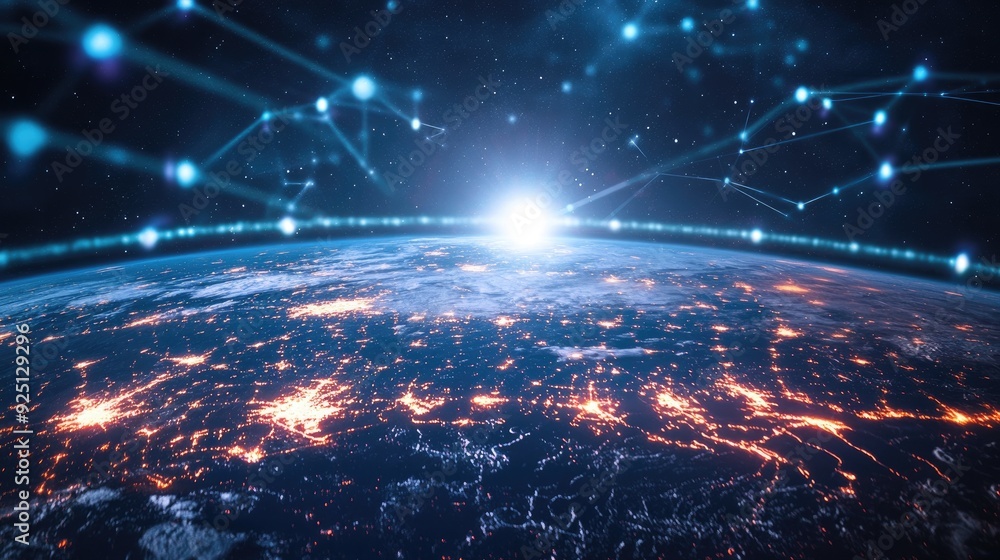 Poster digital representation of data packets moving through a global communication network.