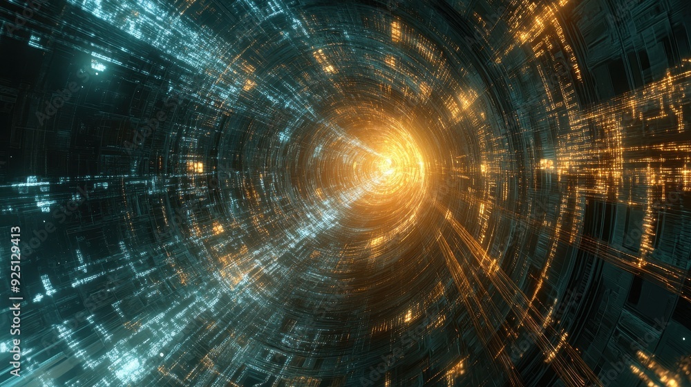 Poster abstract futuristic tunnel with glowing lights and data stream - 3d render