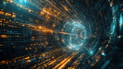 Obraz premium Abstract Futuristic Tunnel with Glowing Lights and Data Streams.
