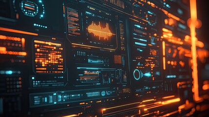 Fototapeta premium Futuristic communication technology interface with glowing icons and data streams.
