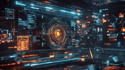 Obraz premium Futuristic communication technology interface with glowing icons and data streams.