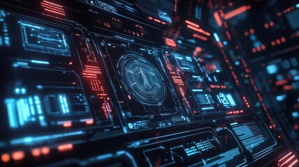 Obraz premium Futuristic communication technology interface with glowing icons and data streams.