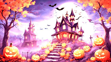 A spooky forest sunset with a haunted evil glowing eyes of Jack O' Lanterns on the left of a wooden bench on a scary halloween night.