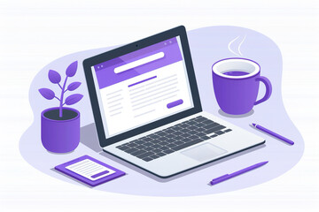 Modern workplace illustration featuring laptop showing website and cup of coffee