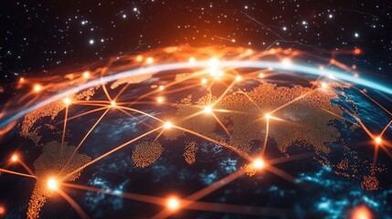 Futuristic representation of global communication nodes, connected by glowing lines.