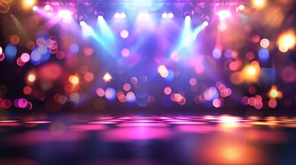 A blurred background of a empty concert venue with colorful stage lights, capturing the atmosphere of live music. Blurry, vibrant party light with bokeh blur effect at a festival or music event. 
