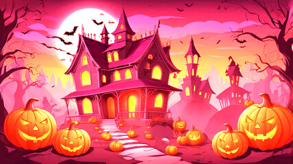 A spooky forest sunset with a haunted evil glowing eyes of Jack O' Lanterns on the left of a wooden bench on a scary halloween night.