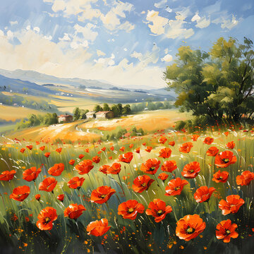 Tranquil countryside scene brought to life with an oil painting of blooming poppy fields in spring