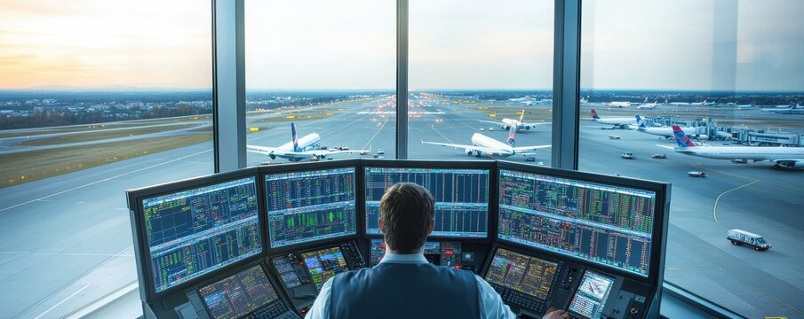 A view from an airport control tower, showcasing an air traffic controller managing flight operations with multiple screens.