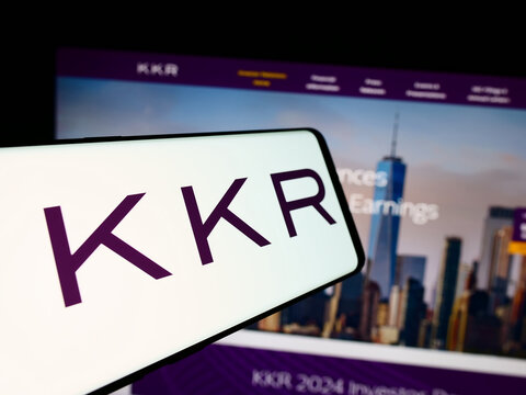 Stuttgart, Germany - 08-13-2024: Cellphone with logo of American investment company KKR Co. Inc. in front of business website. Focus on center of phone display.