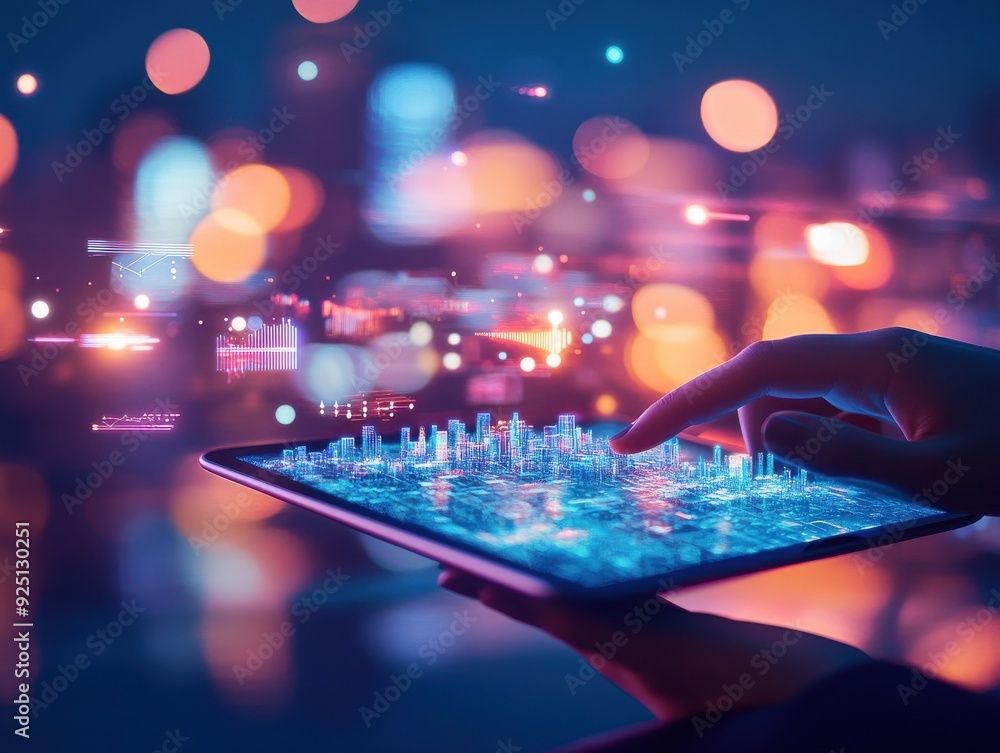 Poster a person interacts with a futuristic tablet displaying vibrant data visualizations against a blurred