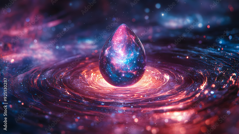 Poster mesmerizing iridescent water droplet against a backdrop of vibrant swirling cosmic patterns and ethe