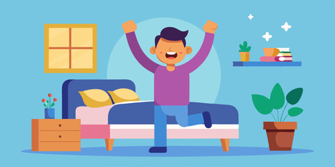Happy man woke up and stretches in bed. Good morning. Awakening. Wake up. Vector illustration
