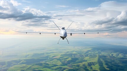 Fototapeta premium A small plane is flying through the sky with clouds in the background