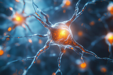Close-up view of an active neuron cell with glowing synapses. Conceptual representation of neural connections in the brain. Scientific visualization of nerve cells.