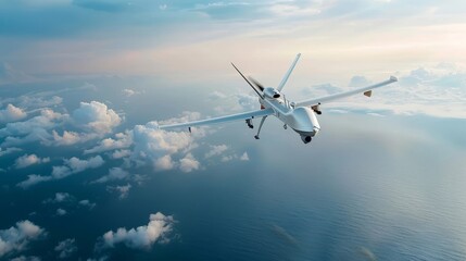 Obraz premium A small plane is flying through the sky with clouds in the background