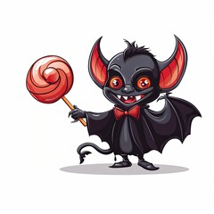 Friendly vampire clipart holding a bat-shaped lollipop on a white background