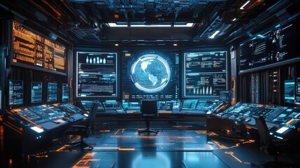 Modern communication hub with multiple screens displaying real-time data.