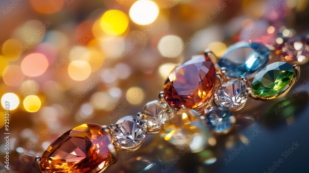 Poster close-up of colorful gemstones sparkling on a reflective surface in soft warm light
