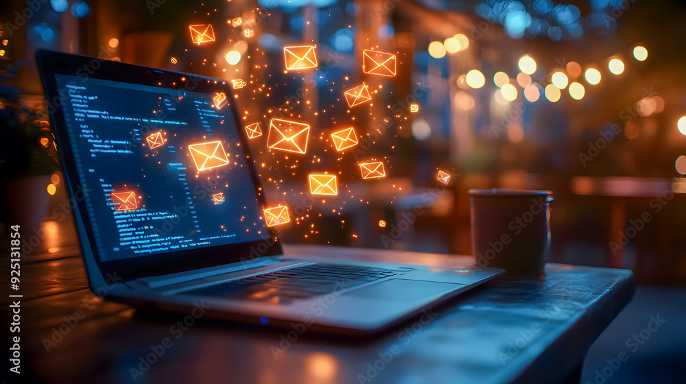 Poster laptop coding and programming in a futuristic digital workspace with glowing lights and abstract bok