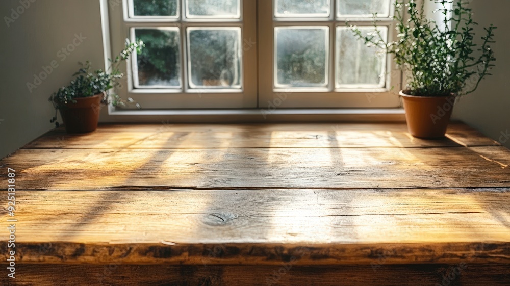 Poster rustic windowsill with sunlight: a rustic wooden table sits beneath a window, bathed in warm sunligh