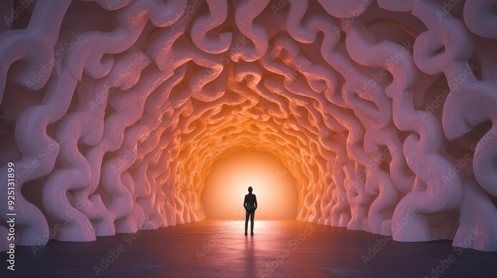 Aufkleber a surreal tunnel with abstract shapes, illuminated by warm light, creating a dreamlike atmosphere wi