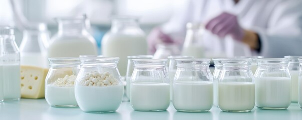 Various dairy products displayed in laboratory jars, highlighting the science behind milk processing and quality control.
