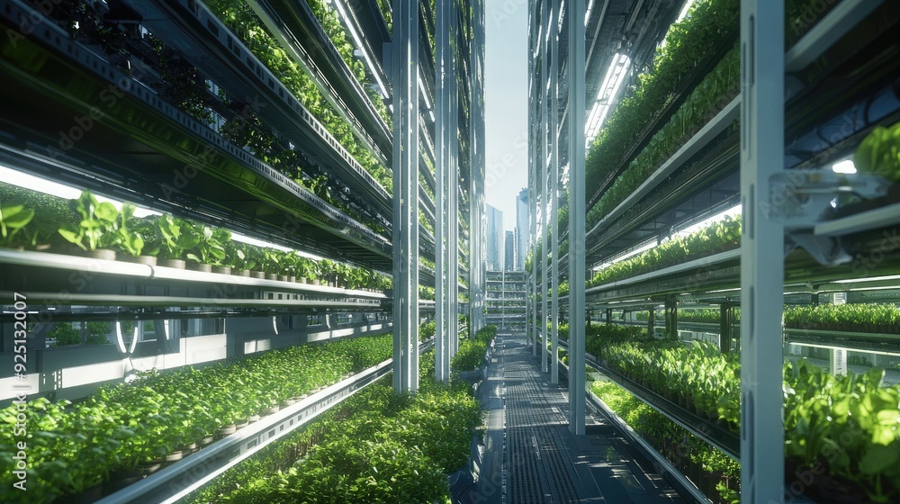 Poster modern vertical farm with automated lighting and watering systems.